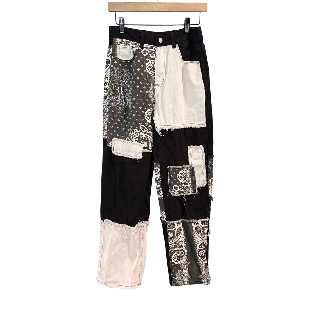 Black Patchwork Bandana Print Jeans Women Size S Streetwear Paisley Distressed